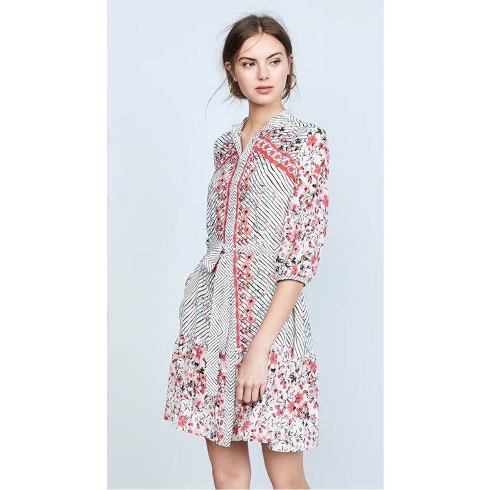 Saloni Tyra Dress Size 6 Silk Stripe Floral Print Mini Button Front 3/4 Sleeve